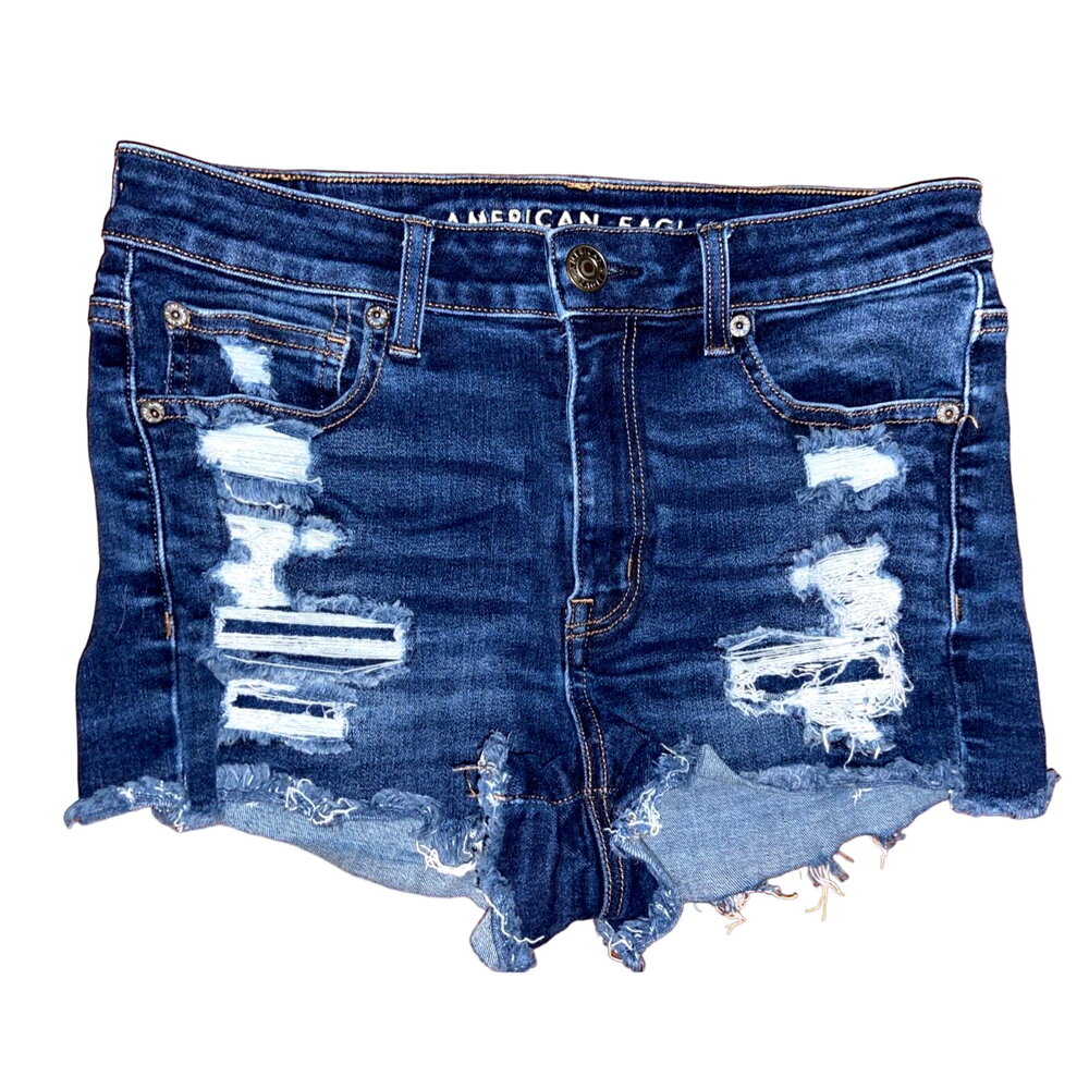 AE American Eagle Hi-Rise Shortie Ripped Patched Cut Off Jean Shorts Size 6